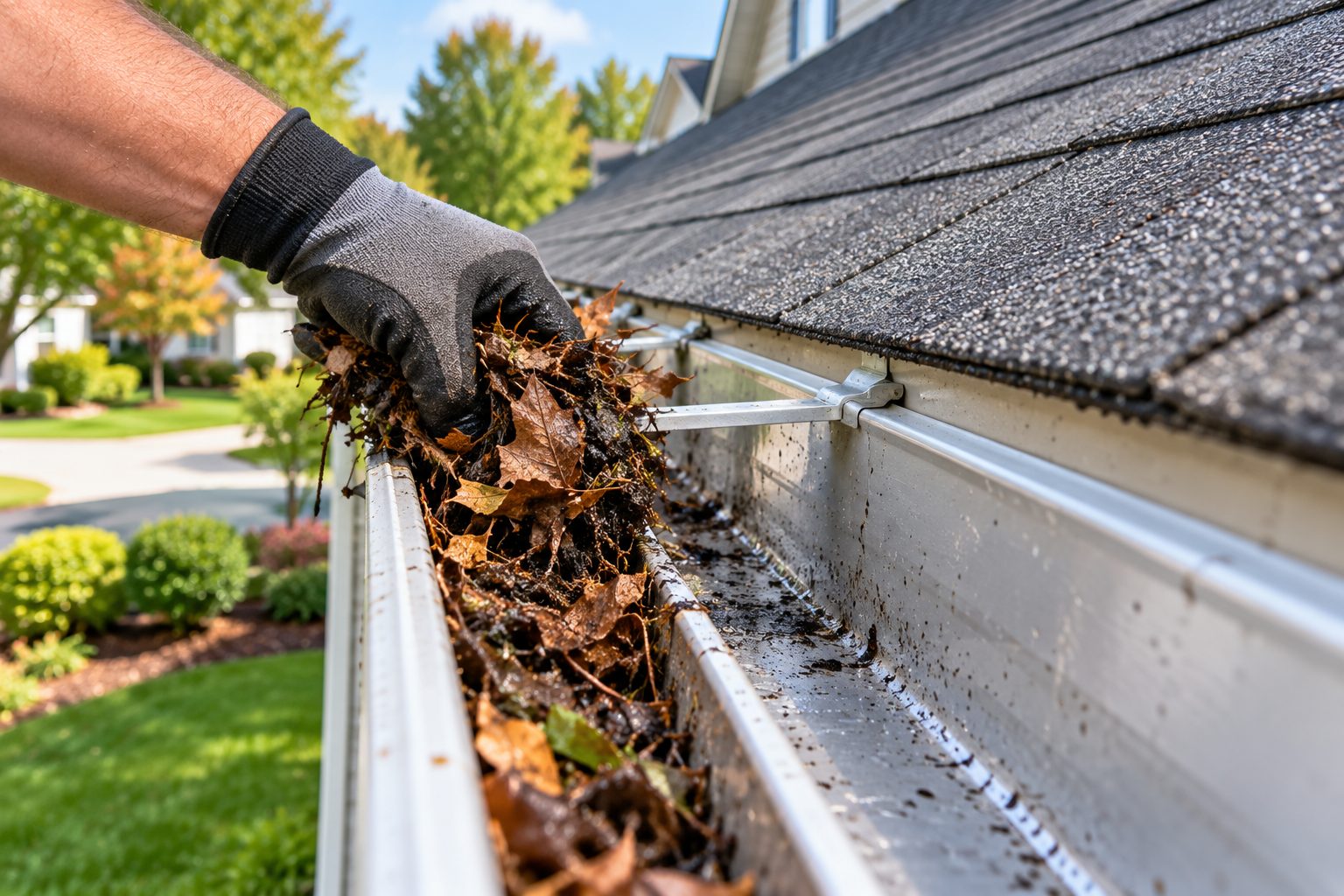 Hand-cleaning a gutter packed with debris in Boca Raton
