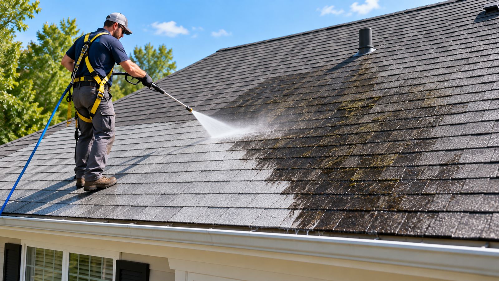 Roof cleaning removing dark algae streaks from a Boca Raton roof